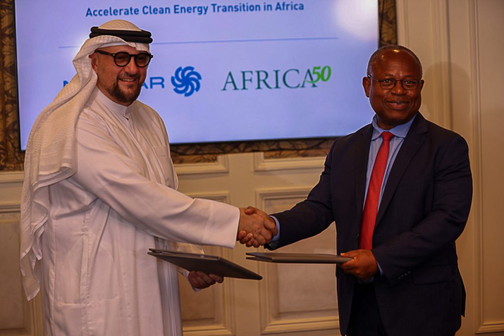 Mohamed Jameel Al Ramahi, Chief Executive Officer of Masdar and Alain Ebobissé, Chief Executive Officer of Africa50 on the sidelines of Africa Climate Summit. They signed an agreement that will see both parties work collaboratively to catalyze sustainable development of the clean energy sector in Africa.